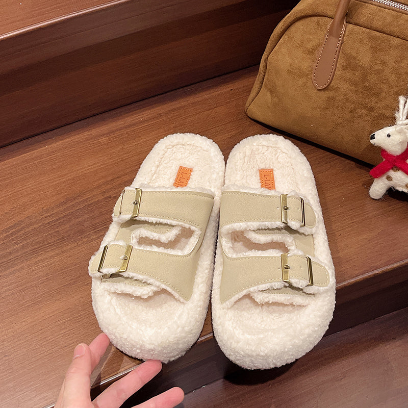 Women Platform Fuzzy Slides Plus Size New Belt Buckle Open Toe Autumn Winter Outdoor Fleece Lined Warm Slippers