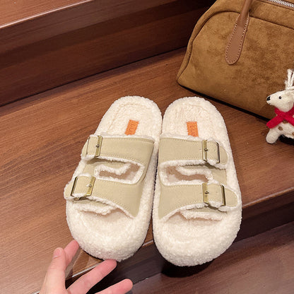 Women Platform Fuzzy Slides Plus Size New Belt Buckle Open Toe Autumn Winter Outdoor Fleece Lined Warm Slippers