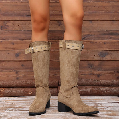 French Retro Thick Heeled Boots With Belt Buckle, Fashionable And Versatile Fashion Boots