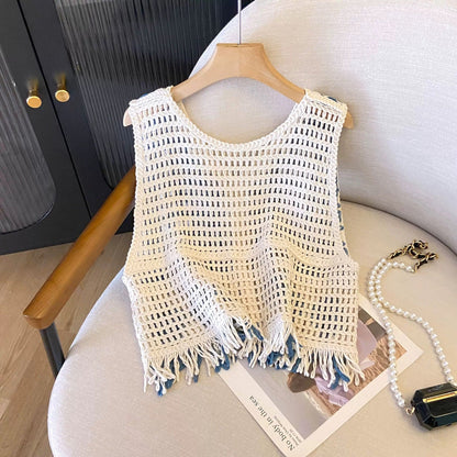 Vintage Diamond-Pattern Tassel Knitted Vest For Women