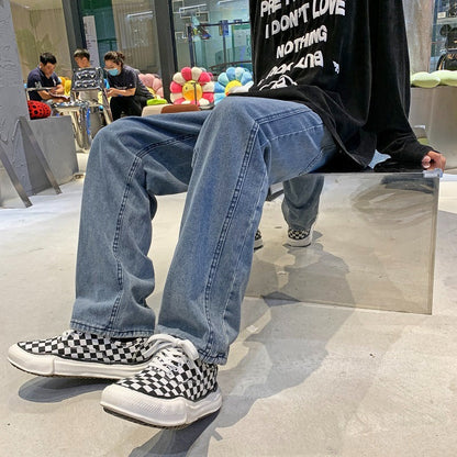Mens Loose-fit Vintage-washed Denim Jeans For Spring And Autumn