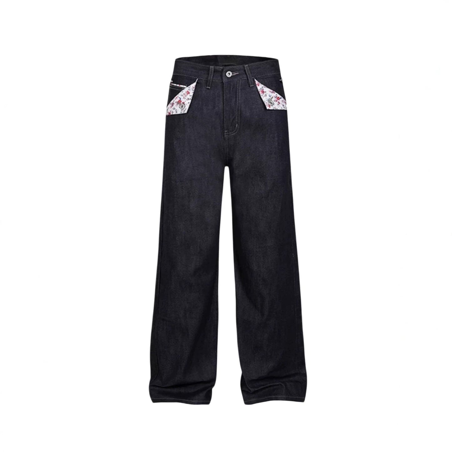 Red-edged Red-ear Raw-edge Slim A-line Straight-leg Floral Denim Jeans For Women