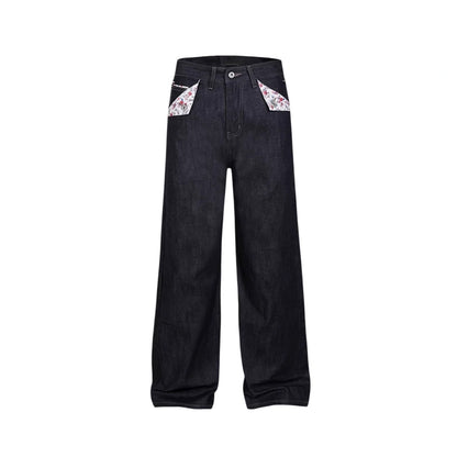 Red-edged Red-ear Raw-edge Slim A-line Straight-leg Floral Denim Jeans For Women