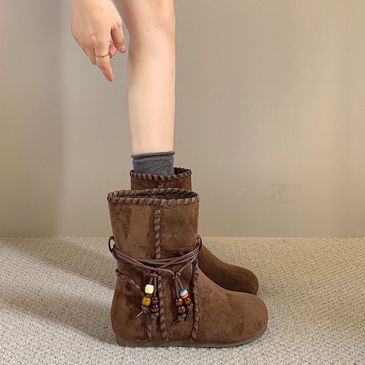 2026 Fall New Women Niche Vintage Tassel  Ankle Boots, Suede Invisible Heightening Slim-Fit Boots