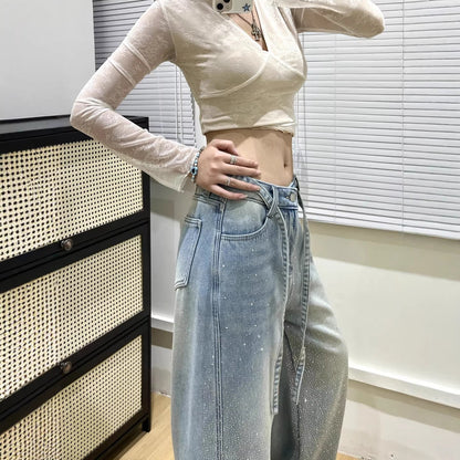 Babys-breath Hot-stone-embellished Wide-leg Denim Jeans For Women