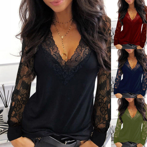 2026 Autumn New European And American Women's Sexy Lace Splicing V-neck Perspective Long Sleeve T-shirt