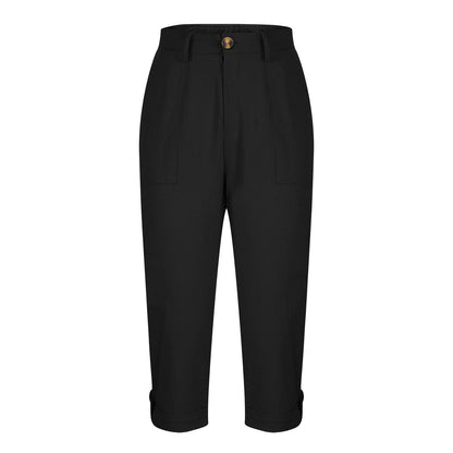 Womens Solid-color Buttoned Roll-up Capri Pants