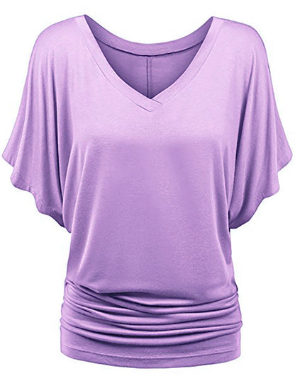 Plus-size Loose-fit Batwing-sleeve V-neck Short-sleeve T-shirt Top
