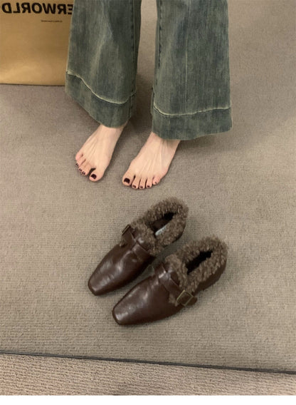 Block Heel Mary Jane Women Shoes Fleece Lined Pumps 2025 Autumn Winter New Warm Deep Mouth Shoes Furry Shoes Outdoor Cotton Shoes