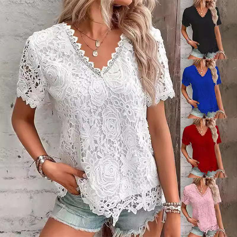Women's Fashion Top T-shirt Lace Short Sleeve Women