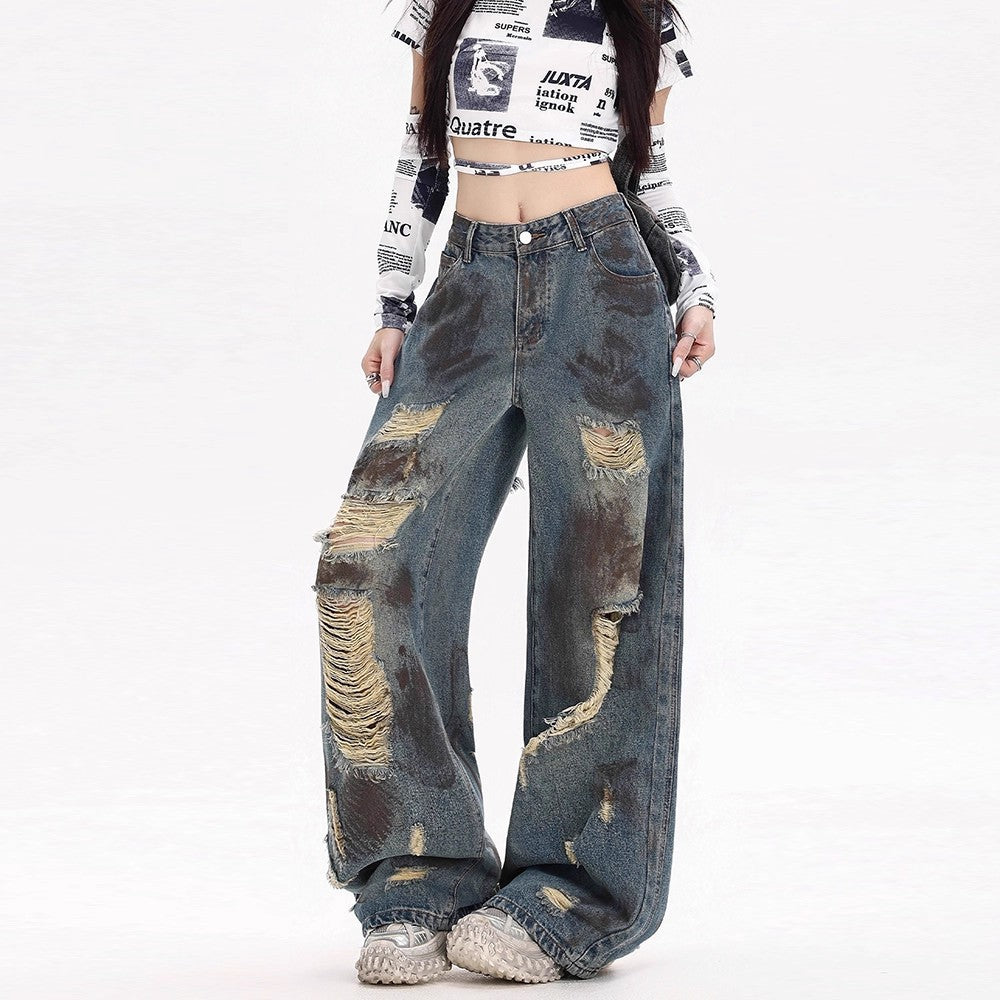 Womens American-style Distressed Wide-leg Jeans