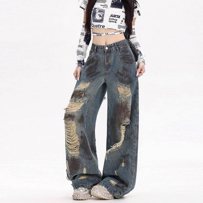 Womens American-style Distressed Wide-leg Jeans