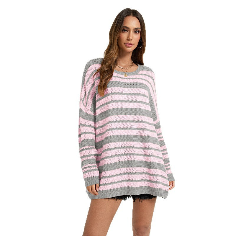 Womens Casual Loose-fitting Top Patchwork Stripes