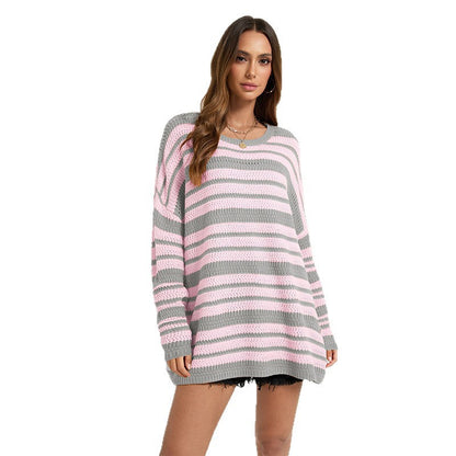 Womens Casual Loose-fitting Top Patchwork Stripes