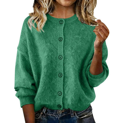 2025 European And American Cross-Border Autumn And Winter Women's Knitted Round Neck Long-Sleeved Pure Color Casual Fashion Knitted Cardigan