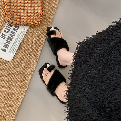 Women Square Toe Cross Band Furry Slides Leopard Print Faux Fur Flat Slippers Casual Indoor Outdoor Warm Plush Slide Sandals