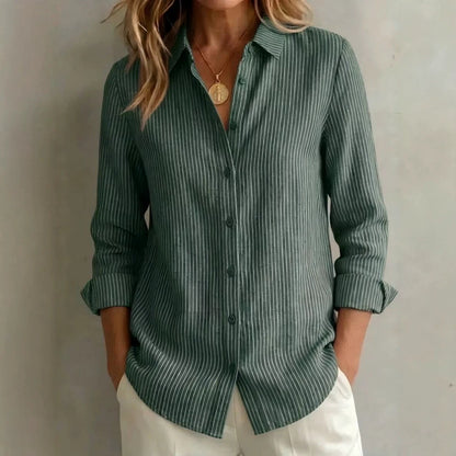Womens Long-sleeved Linen Shirt With Blue And White Vertical Stripes