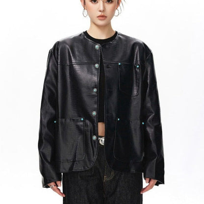 Womens Black Alligator-Print Collarless Leather Jacket