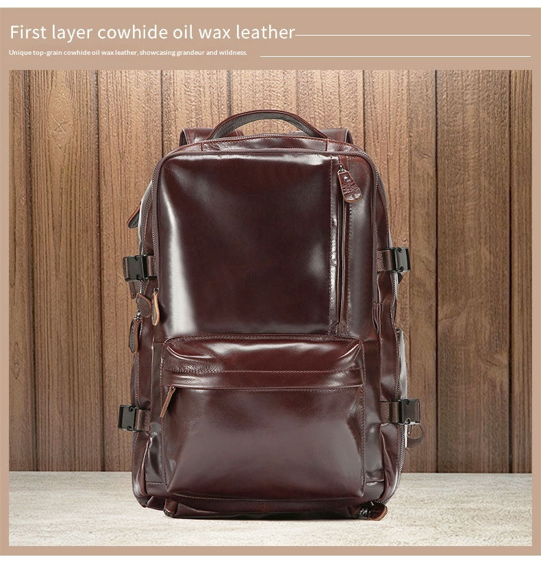 Leather Backpack, Travel Bag, Leather Top Layer, Cowhide Oil Wax Leather, Outdoor Hiking And Mountaineering Bag, Large Capacity Backpack