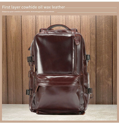 Leather Backpack, Travel Bag, Leather Top Layer, Cowhide Oil Wax Leather, Outdoor Hiking And Mountaineering Bag, Large Capacity Backpack