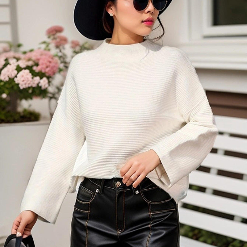 2023 Autumn New Nine-Quarter Sleeve Pullover Sweater Loose Women's Top Solid Color Long Sleeve Base Shirt Casual Versatile