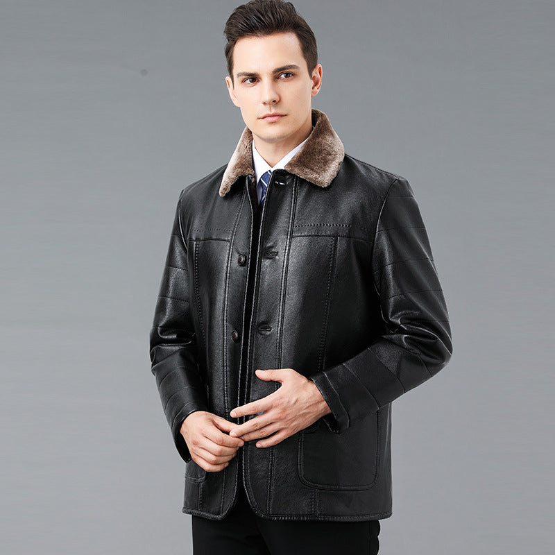 Genuine Leather And Fur One-piece Overcoat With A Lapel Lined With Fleece For Extra Warmth