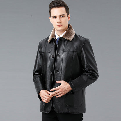 Genuine Leather And Fur One-piece Overcoat With A Lapel Lined With Fleece For Extra Warmth