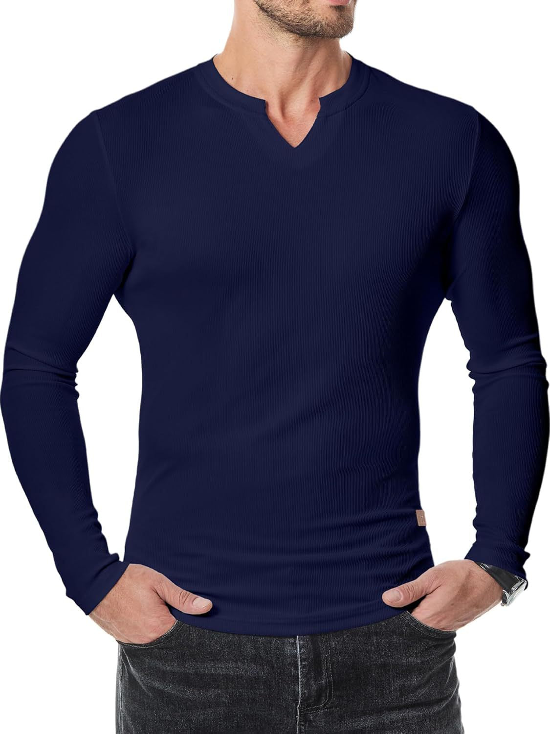 Cross-border Amazon New Foreign Trade Autumn And Winter Men's V-neck Pit T-shirt Solid Color Casual Fashion Men's Long Sleeve