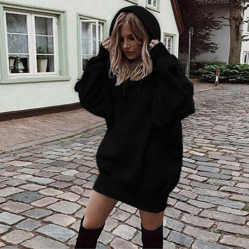 Women's Solid Color Pullover Hooded Loose Fleece Sweater