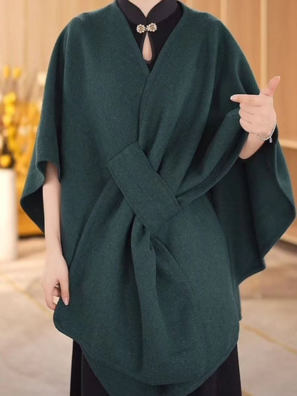 Faux Fur Collar Pom Pom Knitted Cardigan Cape - Women's Warm Winter Shawl Wrap Coat