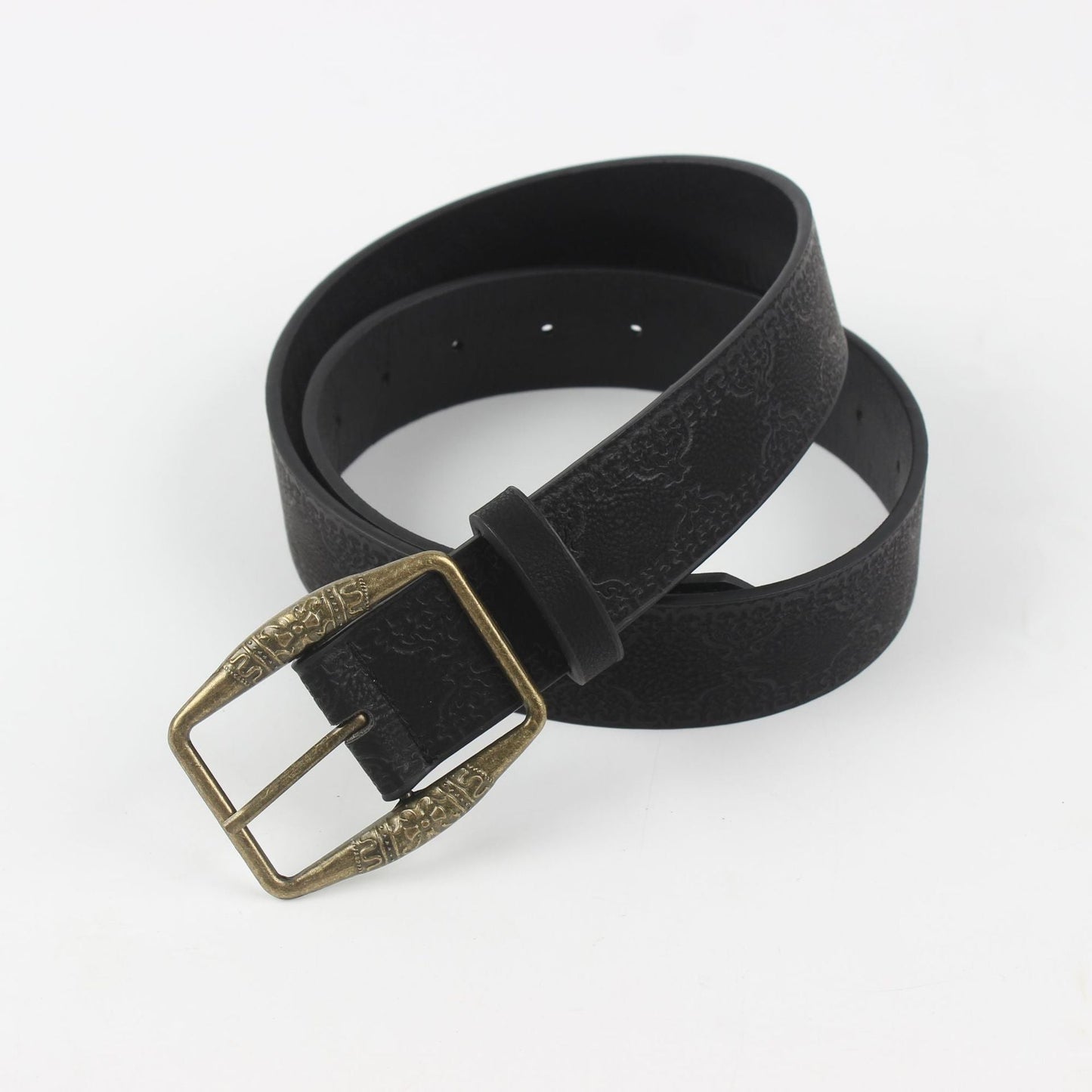 American-style Vintage Embossed Distressed Leather Belt With A Bronze Buckle, Versatile For Jeans