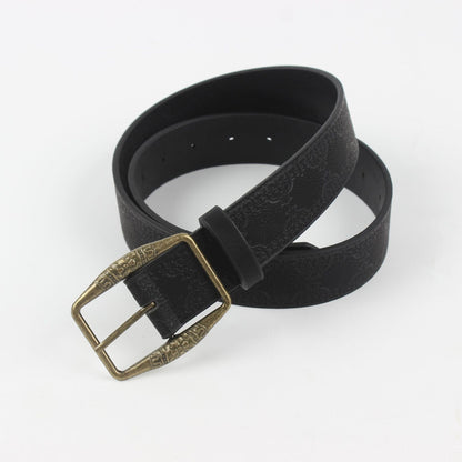 American-style Vintage Embossed Distressed Leather Belt With A Bronze Buckle, Versatile For Jeans