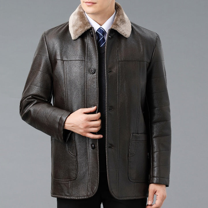 Genuine Leather And Fur One-piece Overcoat With A Lapel Lined With Fleece For Extra Warmth