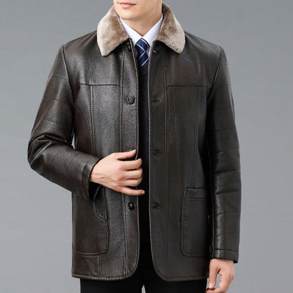 Genuine Leather And Fur One-piece Overcoat With A Lapel Lined With Fleece For Extra Warmth