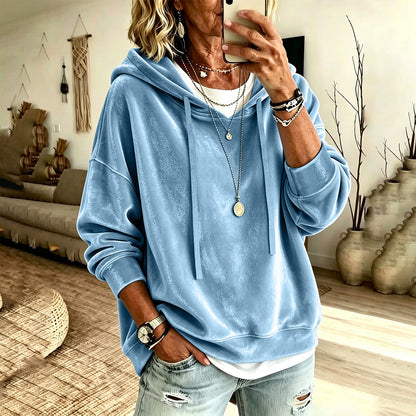 Womens Casual Solid-Color Hooded Long-Sleeve Top With Drawstring