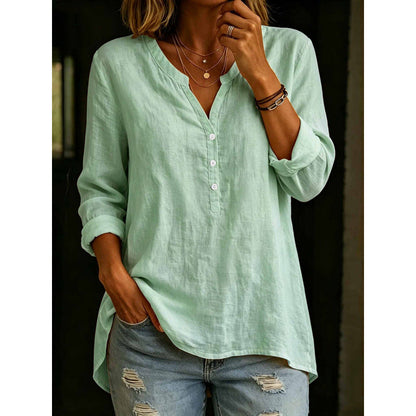 Womens Solid-Color Casual Loose-Fit Button-Up Shirt