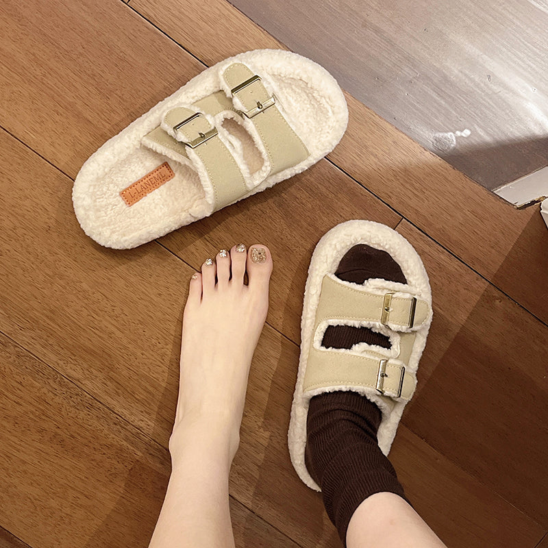 Women Platform Fuzzy Slides Plus Size New Belt Buckle Open Toe Autumn Winter Outdoor Fleece Lined Warm Slippers