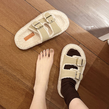 Women Platform Fuzzy Slides Plus Size New Belt Buckle Open Toe Autumn Winter Outdoor Fleece Lined Warm Slippers