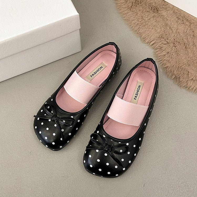 2026 Spring New Soft Sole Slip-on Ballet Flats, French Polka Dot Bow Flat Mary Jane Shoes For Women