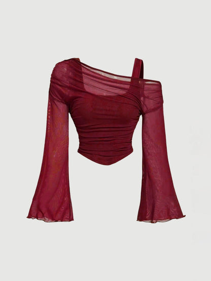 Mesh-Neck Pleated Long-Sleeve T-Shirt Top