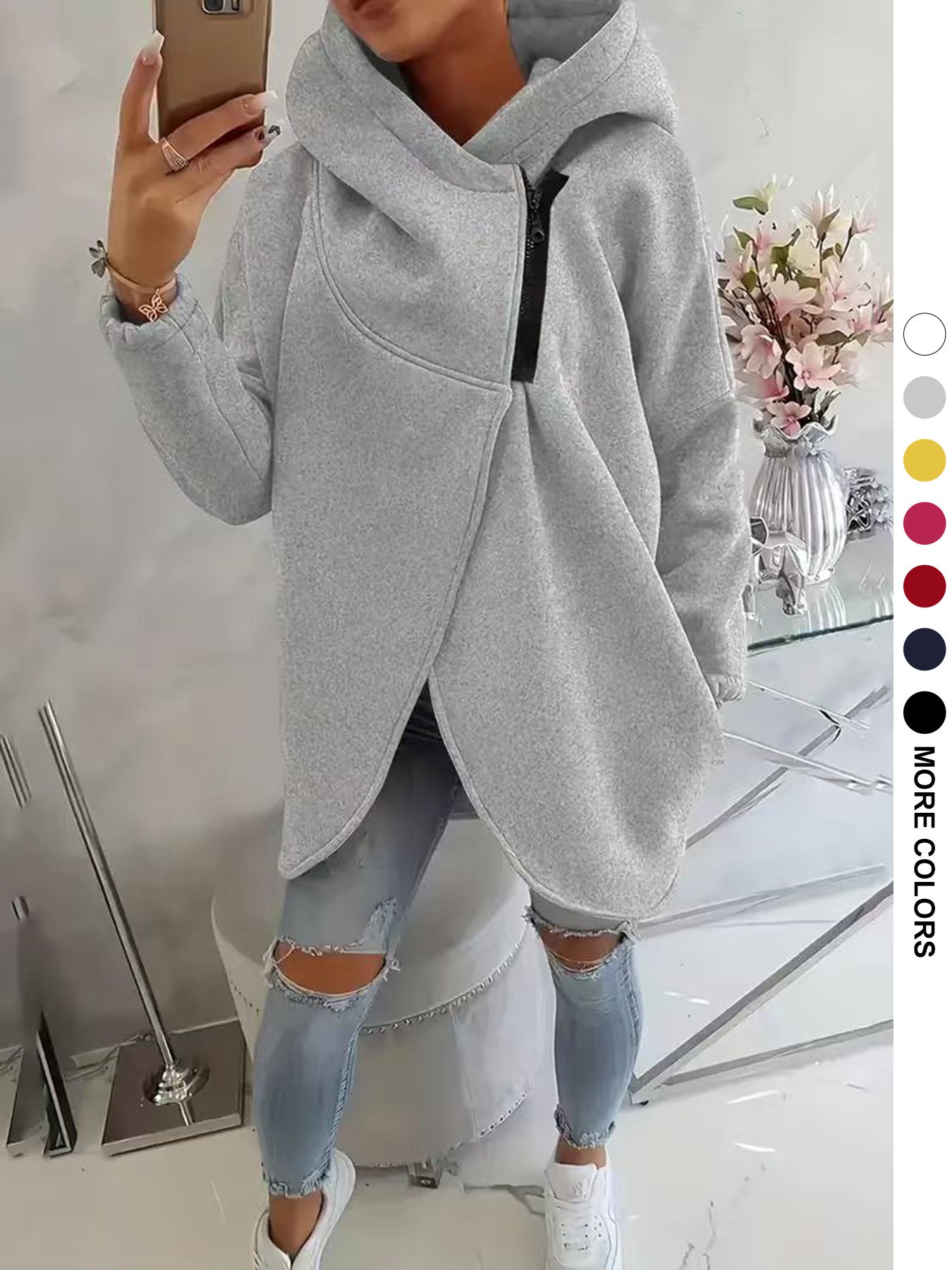 Womens Solid-color Long-sleeve Casual Hooded Sweatshirt