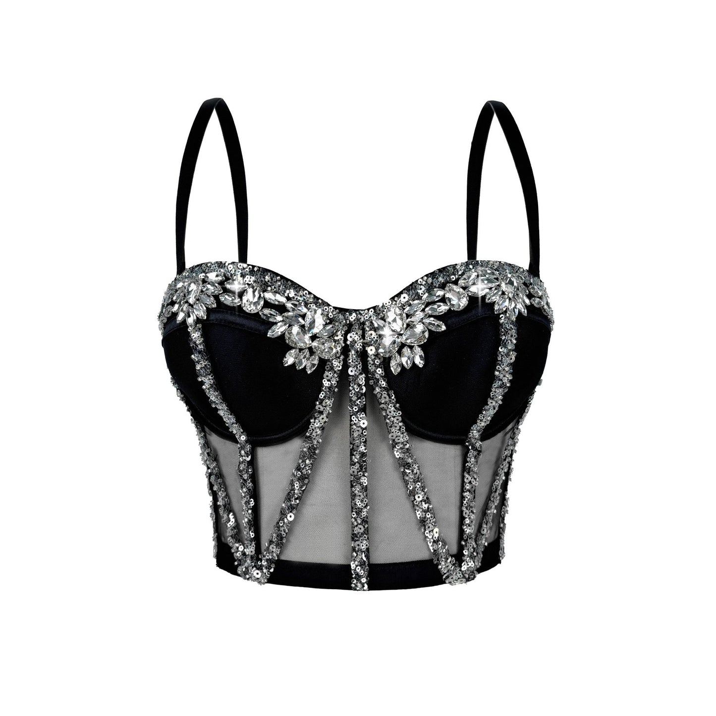 Cross-Border Rhinestone Mesh Fishbone Bra Semi-Transparent Sexy Slimming Suspender Tube Top Slimming  Diamond Fishbone Top Stage
