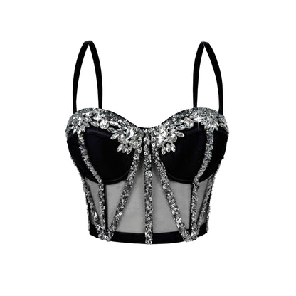 Cross-Border Rhinestone Mesh Fishbone Bra Semi-Transparent Sexy Slimming Suspender Tube Top Slimming  Diamond Fishbone Top Stage