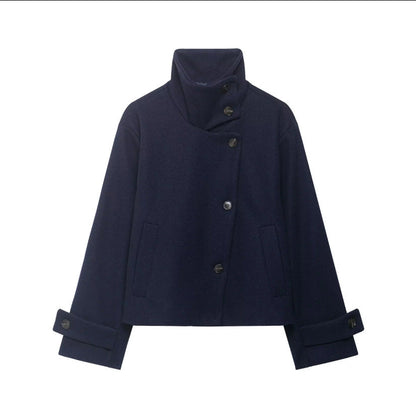 Womens Solid-Color Casual Stand-Collar Jacket With Buttons
