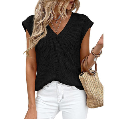 New Cross-Border European And American Women's Fashion Amazon Tk Hot-Selling Women's V-Neck Casual Top Short-Sleeve Chunky Knit Sweater