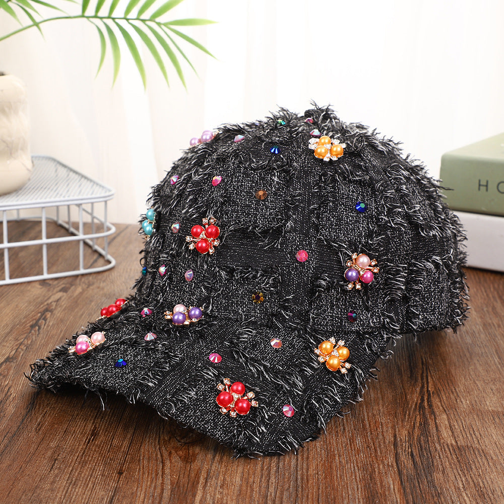 Korean-style Multi-color Fringed Checkered Baseball Cap With Rhinestones And Pearl Flowers, Casual Curved Brim Fedora Hat