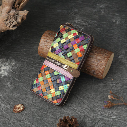 Genuine Leather Woven Patchwork Long Wallet