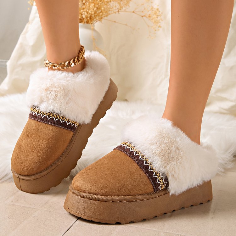 Women's Cross-Border Platform Snow Boots, Furry Trim Closed-Toe Thickened Cotton Slippers, Fleece Warm Indoor Home & Outdoor Wearable Cotton Shoes