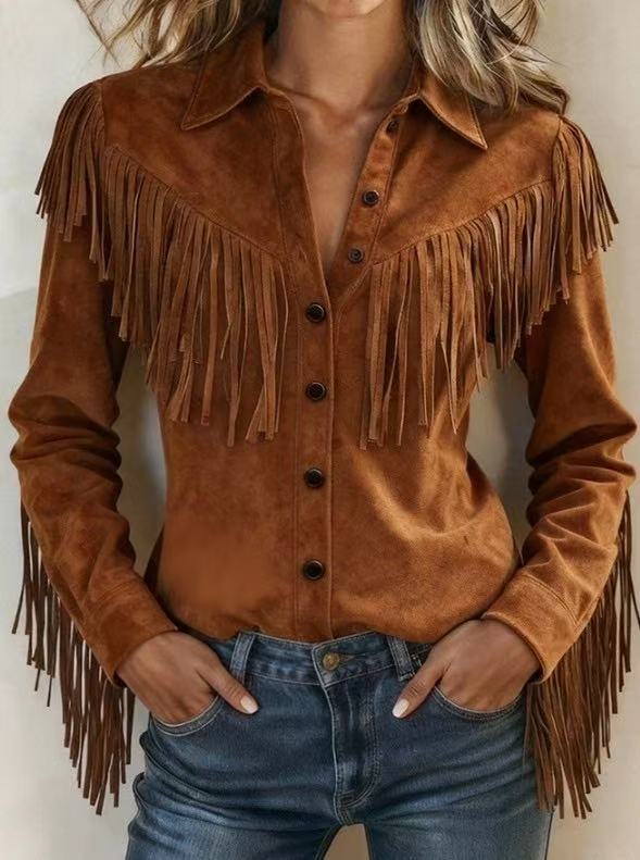 Womens Stylish Loose-fitting Jacket With Tassel Detailing