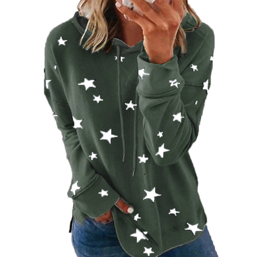 Women's Star Print Drawstring Hoodie, Long Sleeve Side Slit Casual Hooded Sweatshirt With Pockets